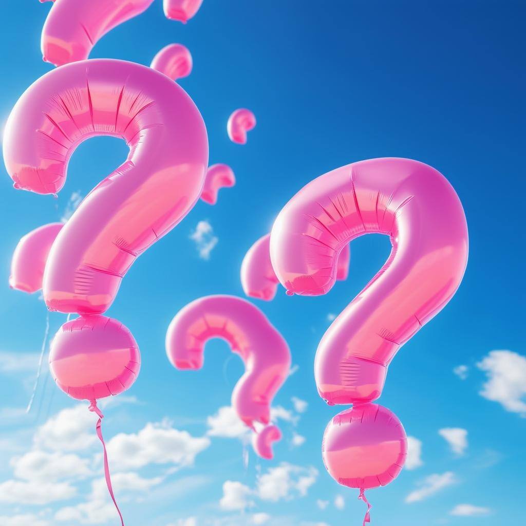 pink question mark balloons floating in blue sky